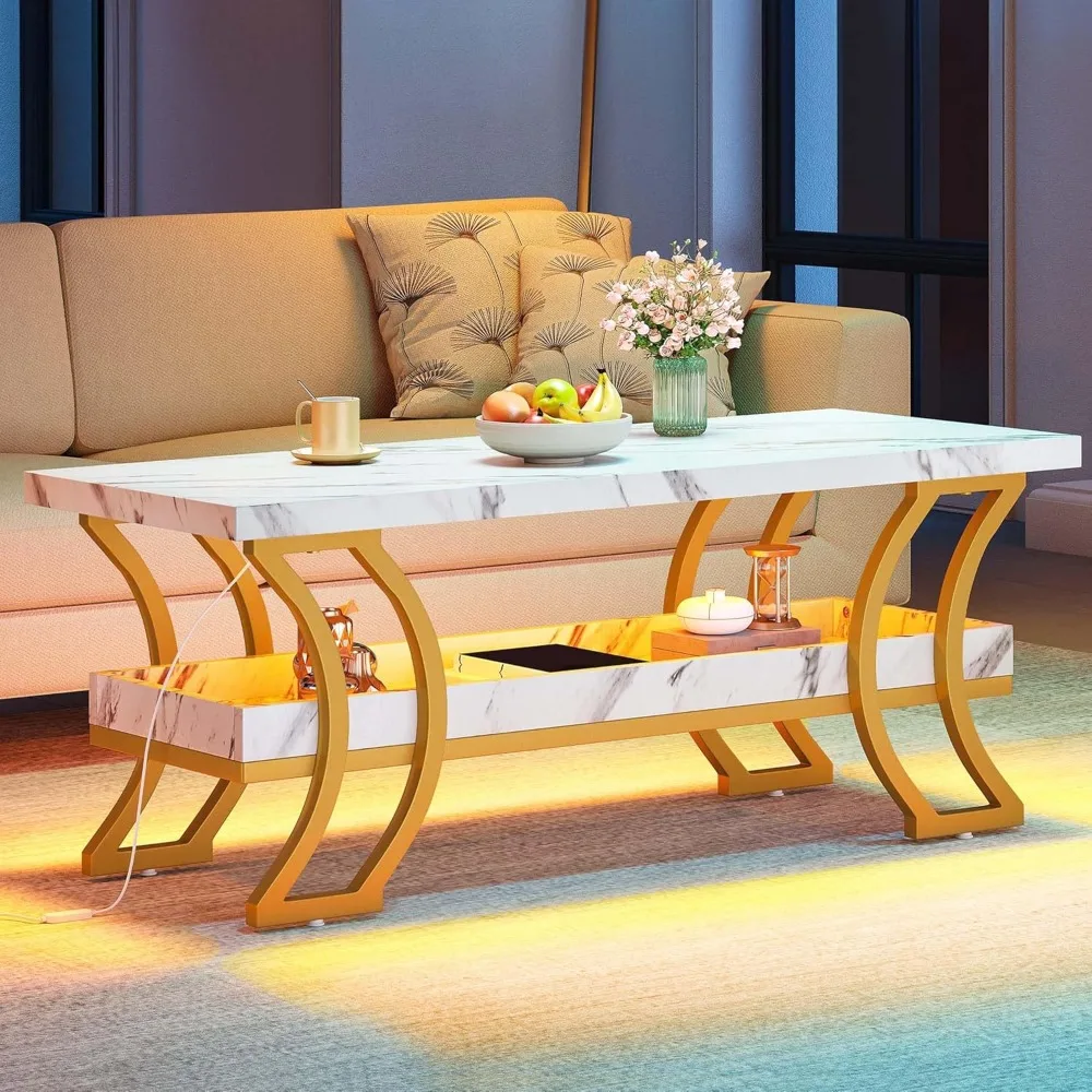

Журнальные столики для гостиной Белый мраморный журнальный столик Журнальный столик со светодиодной подсветкой для хранения 2-уровневый деревянный центральный стол, золотой и белый