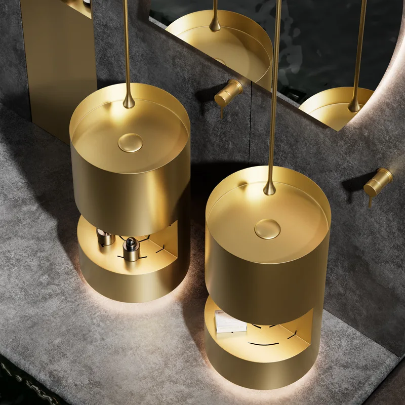 Golden round column type hand wash bathroom floor type washbasin