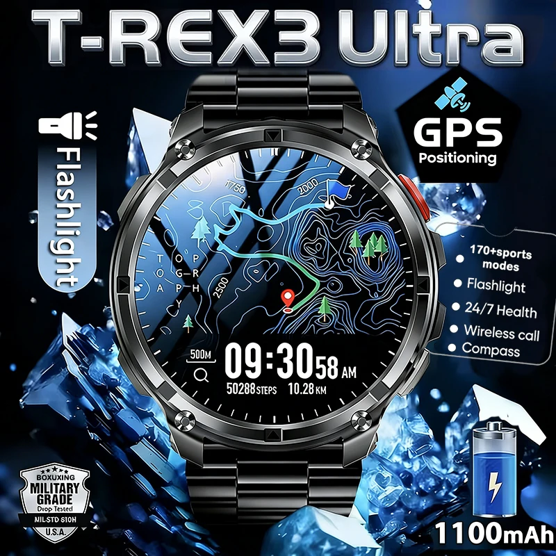 New T-REX3 Ultra 1100mAh Battery SmartWatch 10ATM Waterproof GPS Compass Flashlight 1.7