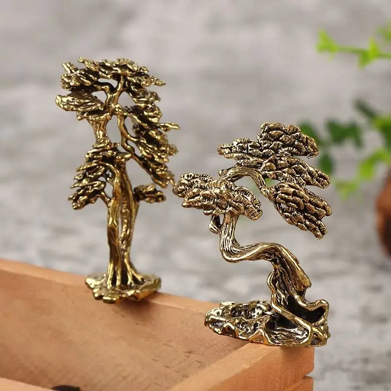 

1Pc Brass Mini Welcome Pine Figurine Tree Miniature Landscape Small Bonsai Tree Statues Decorations Accessories