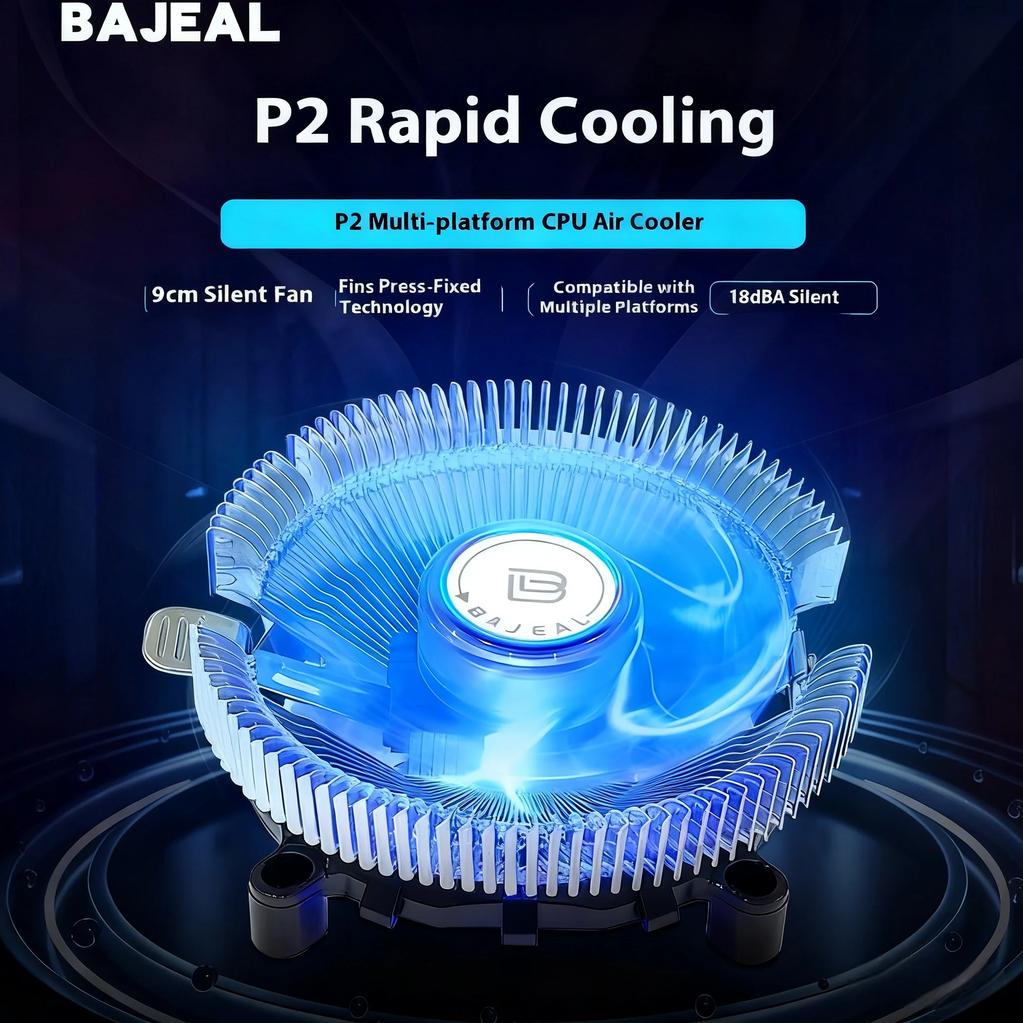 

Кулер для процессора BAJEAL P2, синий светодиодный вентилятор, многоплатформенный, совместимый с процессорами Intel и AMD, компьютерная система охлаждения оборудования