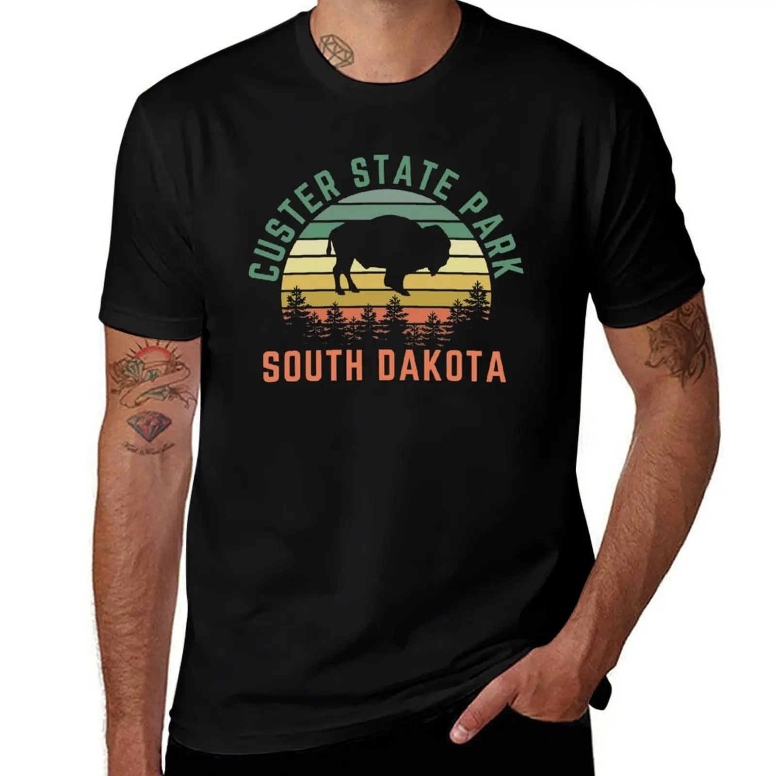 Custer State Park South Dakota Buffalo Retro Sunset Black Hills Forest Sticker Shirt T-Shirt summer 2025 t shirts for men cotton