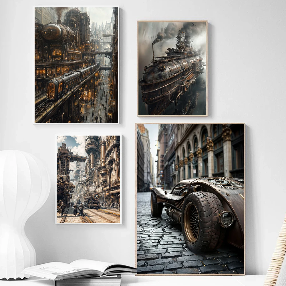 Surrealisme Shocking Steampunk Stadsgezicht Posters Industriële Stads Luchtschip Trein Moderne Prints Canvas Muur Foto Thuis Kamer Decor