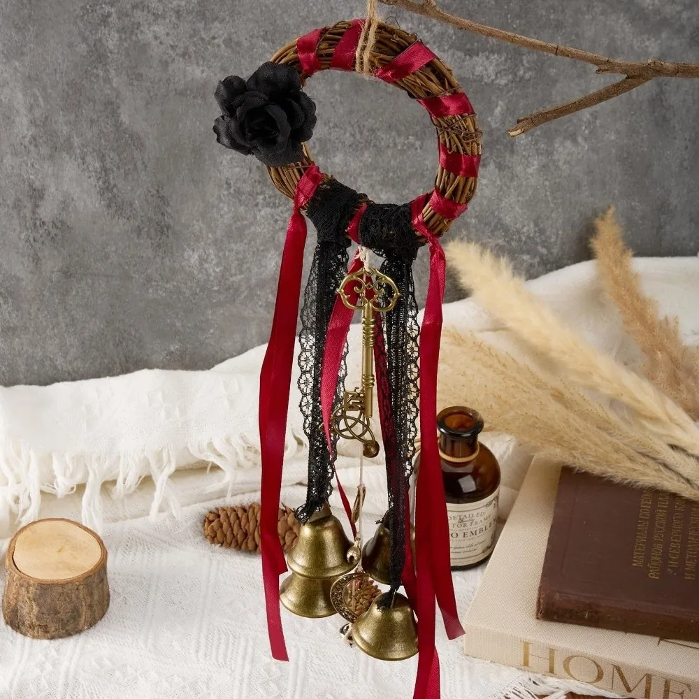 Vintage Witch Bell Pendant Rattan Wind Chime Flower Design Door Knob Decoration Handmade Witch Protection Pendant Festival Decor