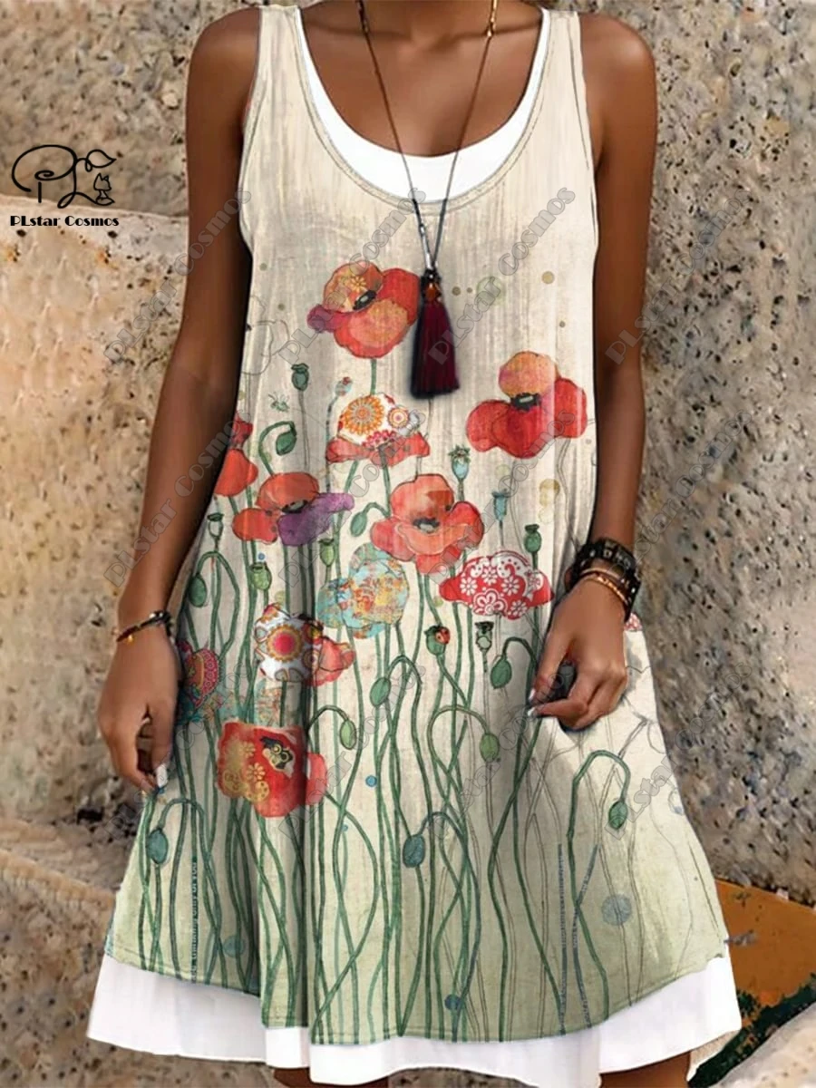PLstar Cosmos 3D Printed Retro Pattern Women's Sleeveless Dress Summer Casual Beach Dress Holiday Style Collection S-1