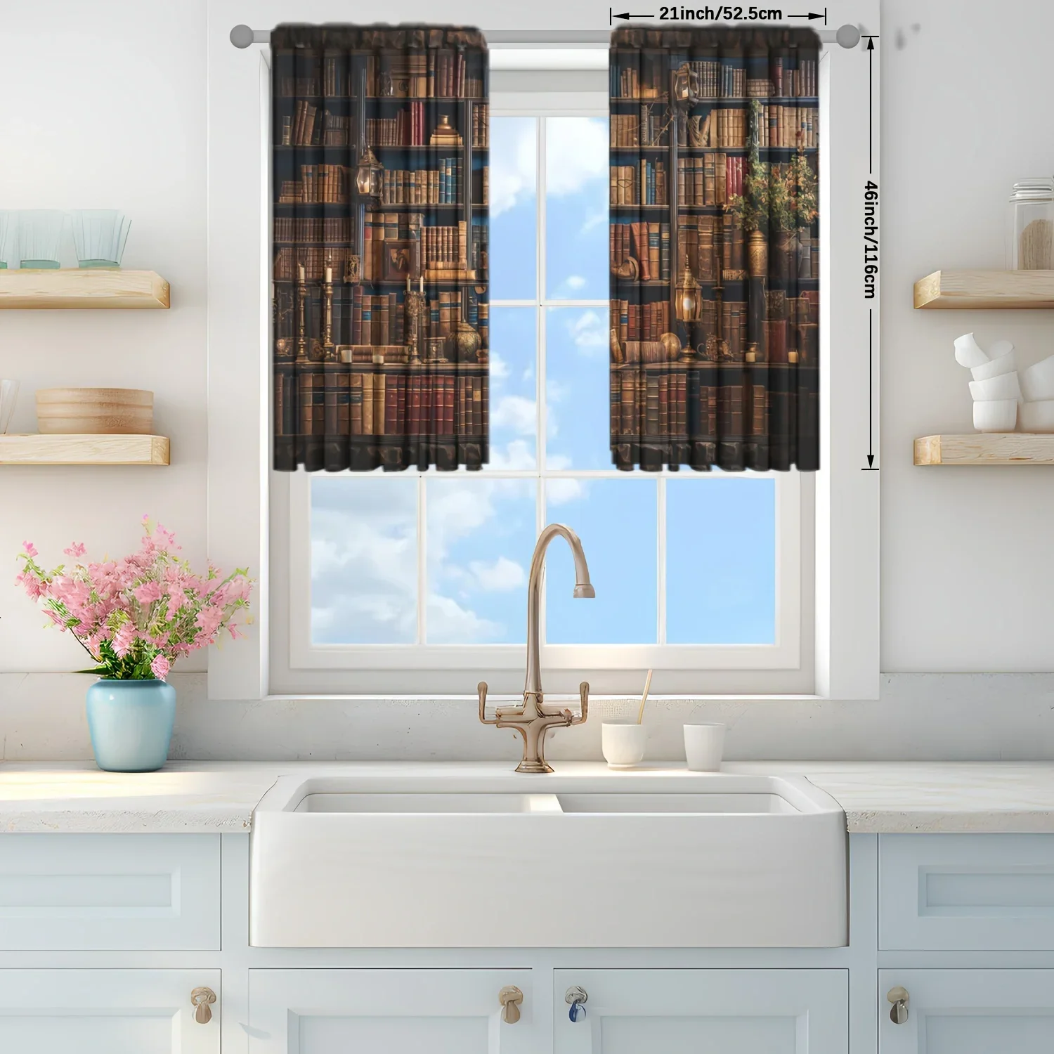 2pcs Middle Ages Bookcase Printed Curtain - Artistic Home Decoration Curtains, All Season Decorative Curtains