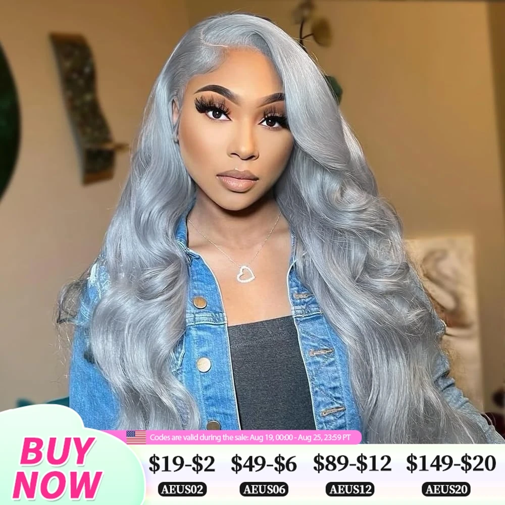 Perruque Lace Front Wig Body Wave brésilienne naturelle, cheveux humains, couleur gris argent, 13x4 13x6 HD, 30 32 pouces, pre-plucked