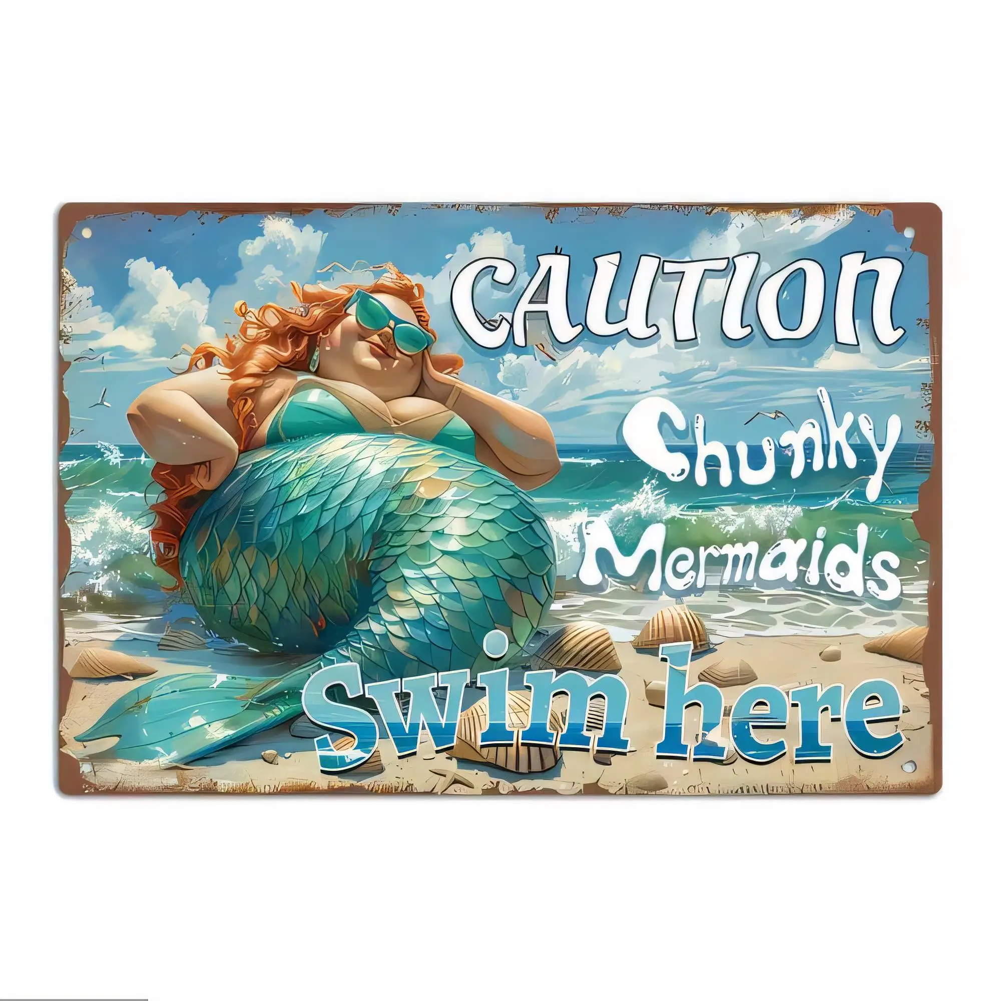 Tin Sign CAUTION Shutky Mermaids Swim Here Mermaid Beach Metal Wall Plaque Vintage Retro Rustic Style Warning Sign for Bar Pub C