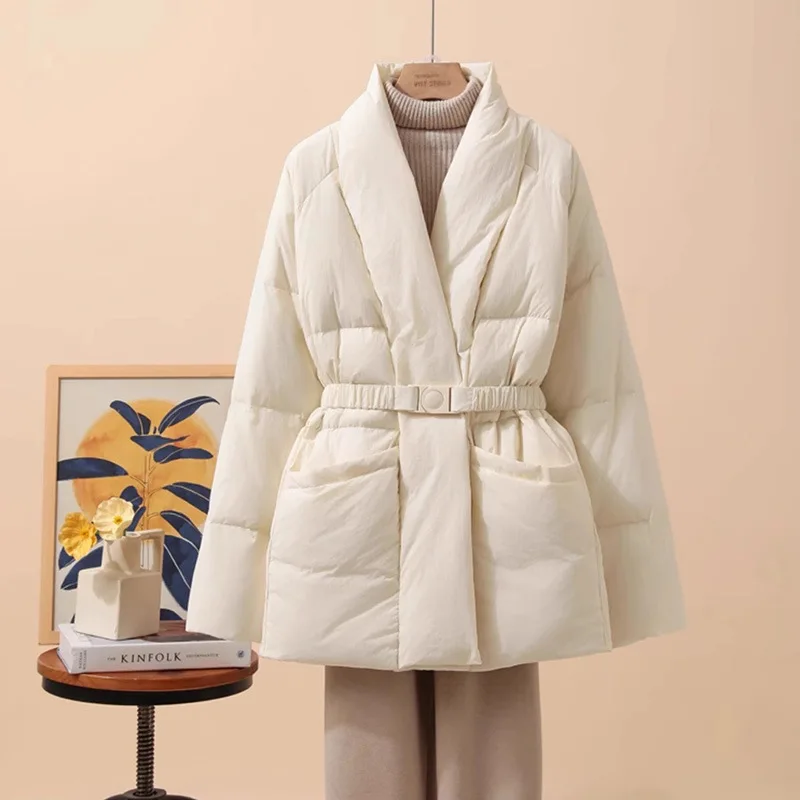 Halflange donsjas voor dames met V-hals - Nieuwe herfst-/winterstijl Modieuze taille met riem, losse pasvorm, warme jas Trendy