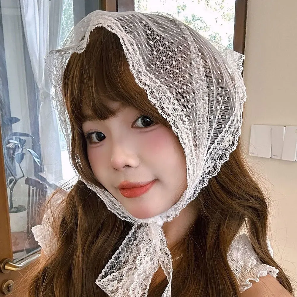 

90S Lace Flower Triangle Hair Scarf For Women Girls Polka Dot Bowknot Mesh Headbands French Pastoral Headwear Summer Lace Scarf