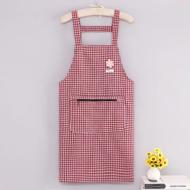 Cotton Plaid Kitchen Apron with Large Pocket Cute Floral Design Adjustable Fit for Home Cooking Baking Housewarming Gift