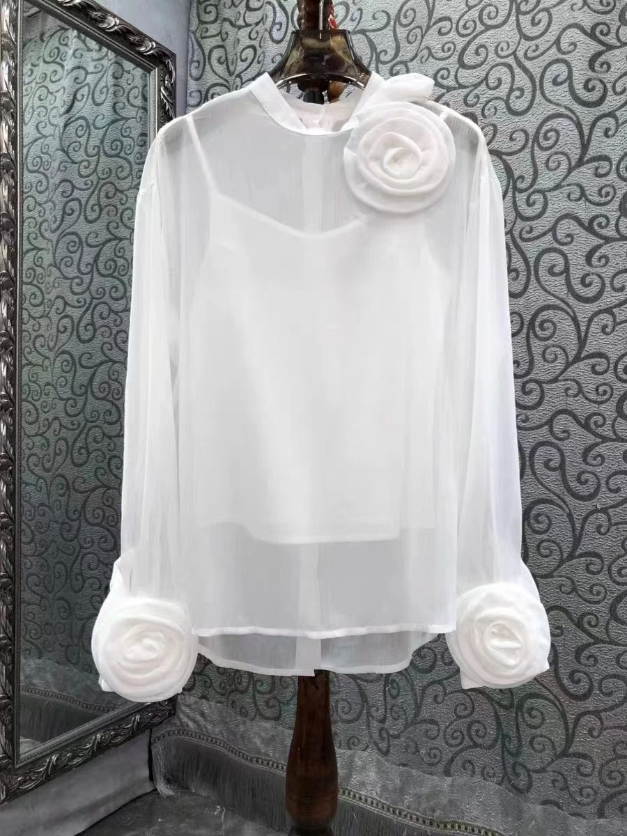 Spring Summer 2024 New Top For Women Two Pieces Design Three-dimensional Flowers Transparent Thin Chiffon Shirt Long Sleeve 4390