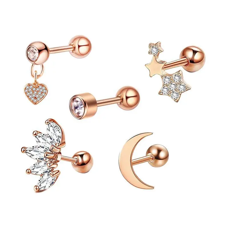 5PCS Star Tragus Stud Earring Set Heart Small Stud Set Lobe Piercing Cartilage Stud Helix Jewelry Cz Barbell Piercing Earrings