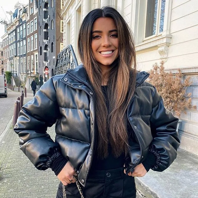 Basic Faux Leather Padded Jacket Stand Collar Zip Up Short Loose Fit Cozy Warm Winter Bomber Puffer Coat for Women Streetwear