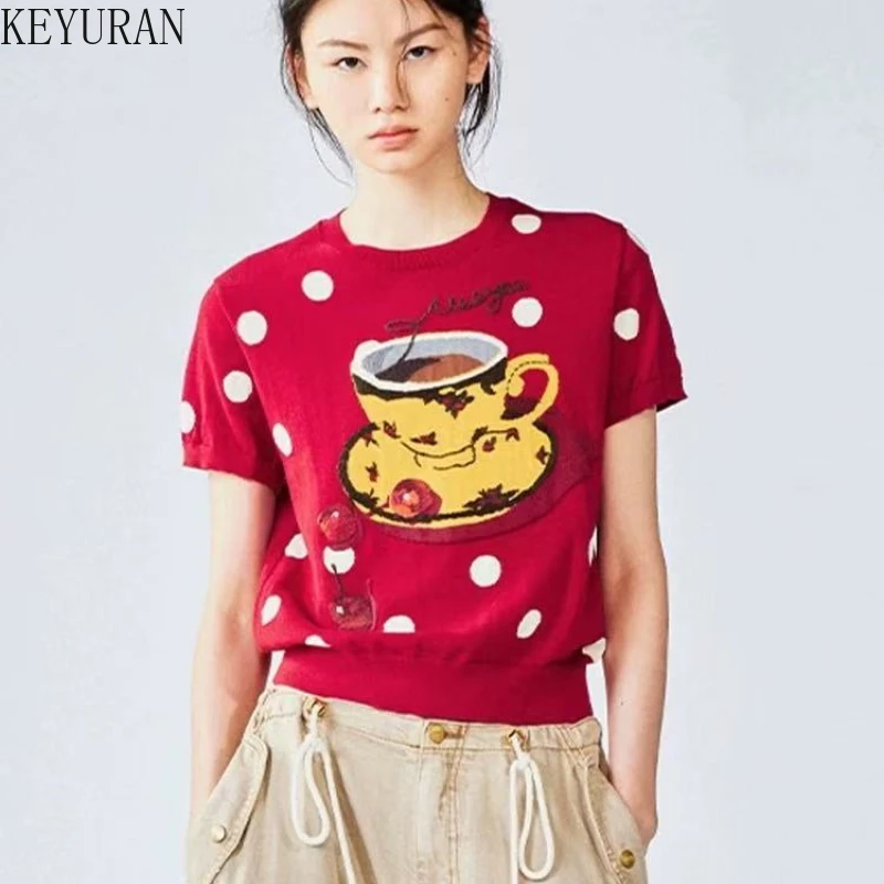 

2025 Summer New Polka Dot Coffee Afternoon Tea Jacquard Knitted Sweater T-shirt Women Vintage O-neck Short Sleeved Knitwear Tops