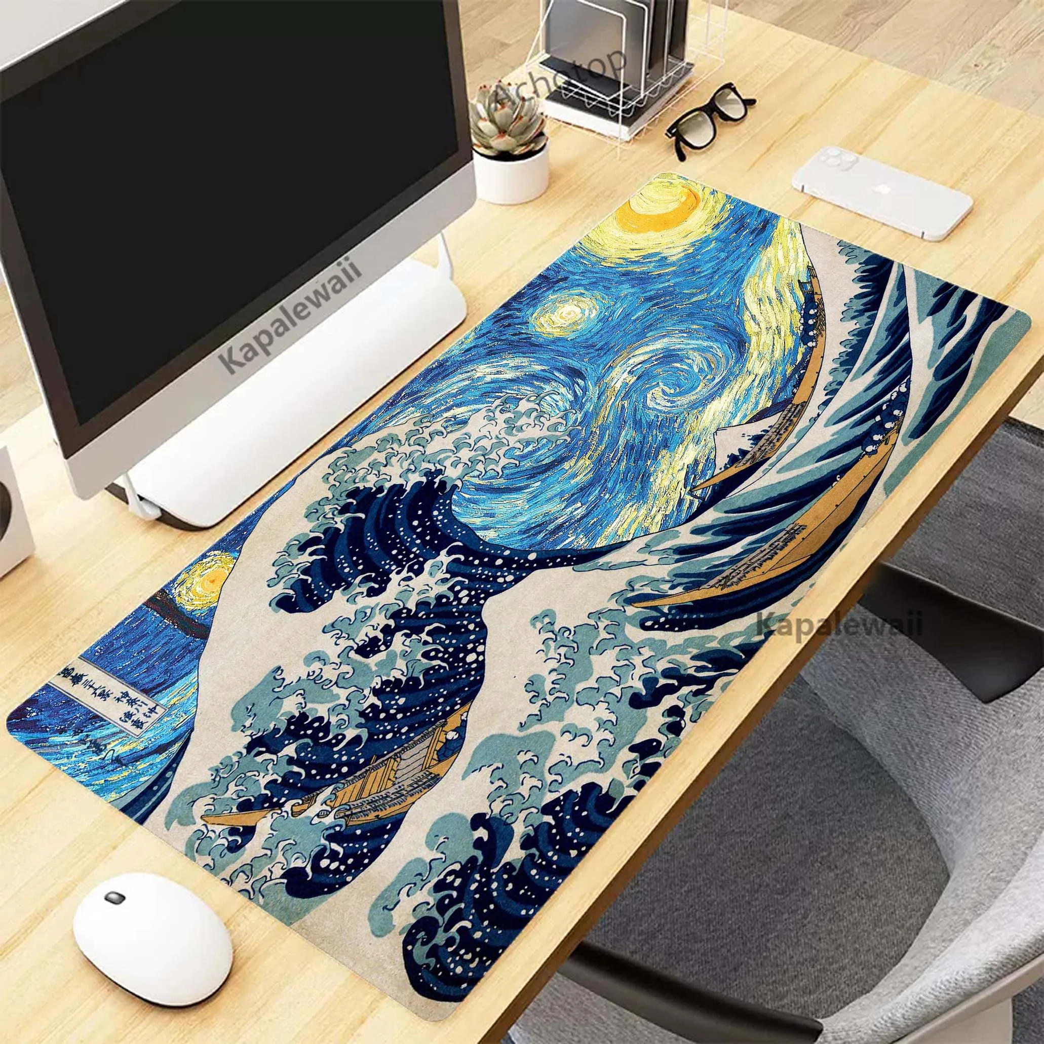 Alfombrilla de ratón japonesa Great Wave Art, alfombrilla de ratón de goma para teclado, accesorios de configuración para juegos, 900x400mm, individualidad XXL