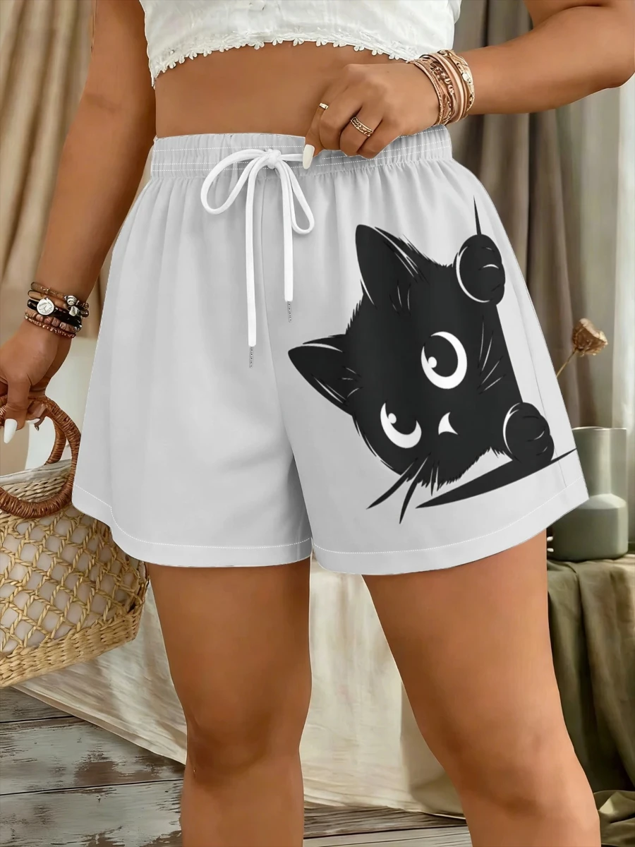 Women's High-waisted Black Cat Print Shorts with Elastic Waistband, Suitable for Beach and Casual Occasions Machine Summer
