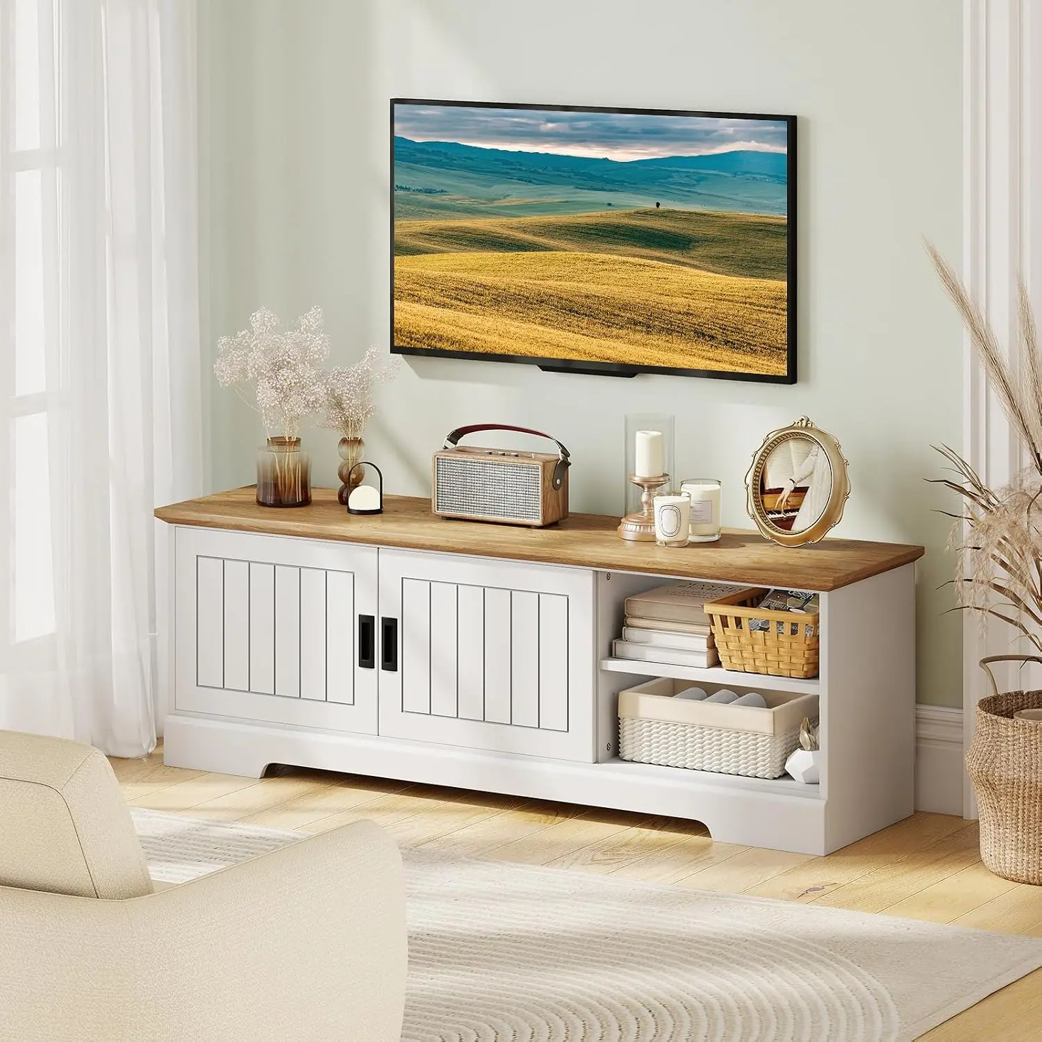 Farmhouse TV Stand Sliding Door 2 Cabinets Open Shelves Media Console Cable Management White Oak 59