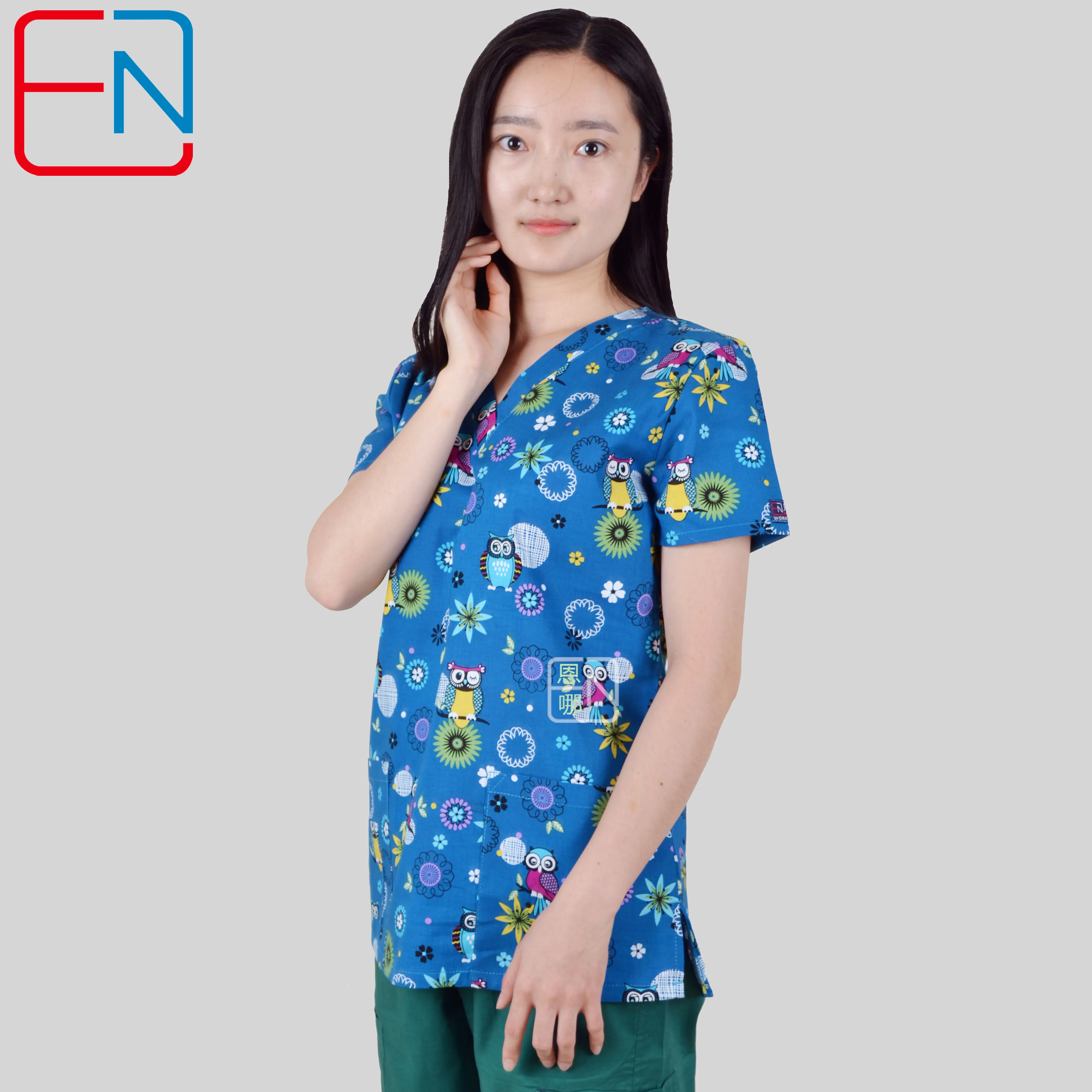 Hennar Women Medical Scrubs Top,Night Owls Print Surgical Uniforms 100% cotton Doctor Scrub Tops XXS-5XL