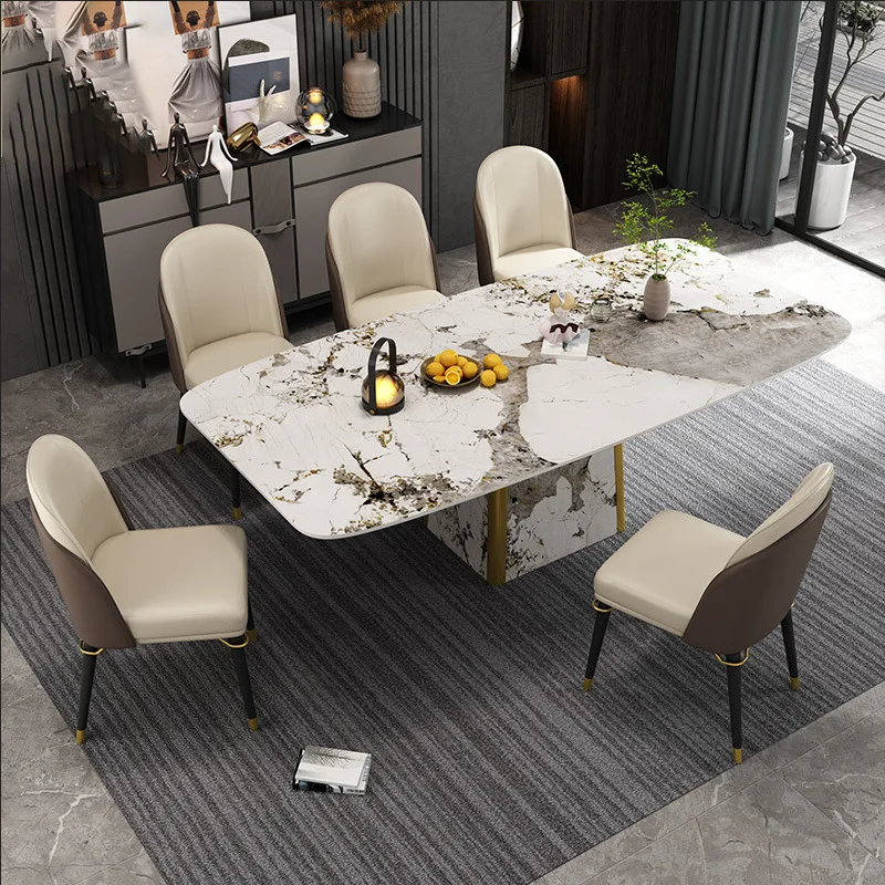 

Rock slab dining table simple rectangular light luxury stainless steel dining table and chairs high-end villa furniture