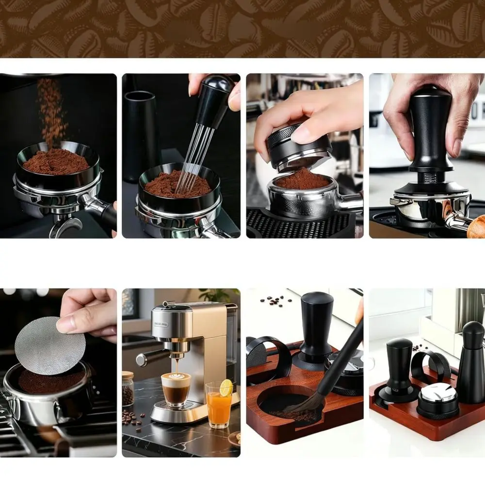 Premium Espresso Tool Kit Sapele Wood Organizer Distributor Spring Tamper Needle WDT Tool Dosing Ring Coffee Barista Accessories