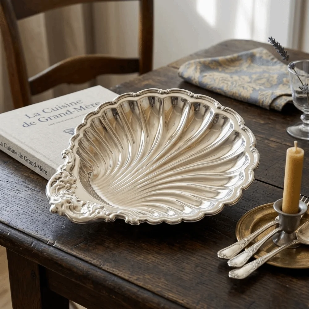 Vintage Dessert Plate Silver Color Shell Shape Embossed Food Tray Embossed Details Decorative Shell Shaped Dish Home Decoration