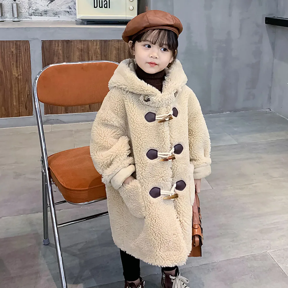 

2022 Winter New Children's Winter Overcoat Boys Girls Single Breasted Lambwool Hooded Outerwear Fashion Solid Long Kids Coat