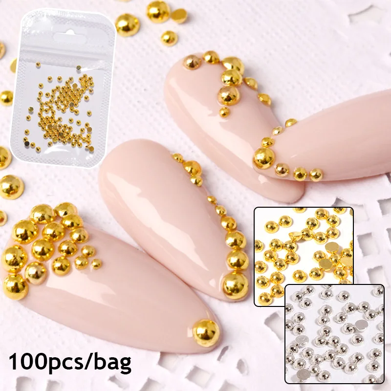 100pcs/lot 1-3mm 3D Gold Silver Half Round Ball Charm Nail Art Studs Metal Rivets Nail Art Decorations For Manicure Nails