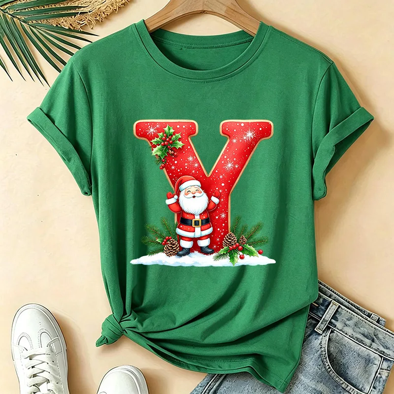 Cute Christmas Initial Letter S Design Women's T-Shirts Christmas Tree and Reindeer Tee Shirts Xmas Family Holiday Outfit Gifts