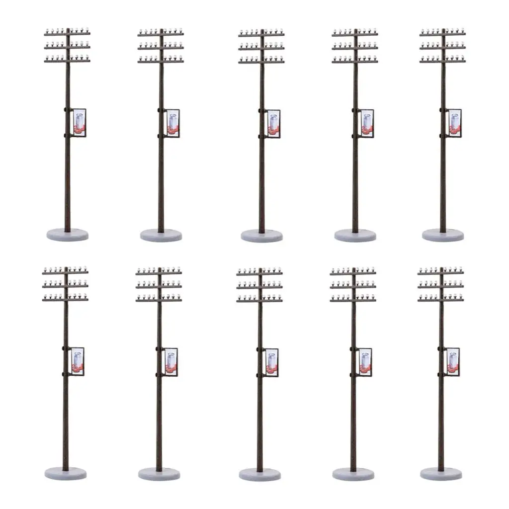 Conjunto de 10 acessórios de trem 1/87, postes de telefone pintados à mão, artesanato para layout de paisagem