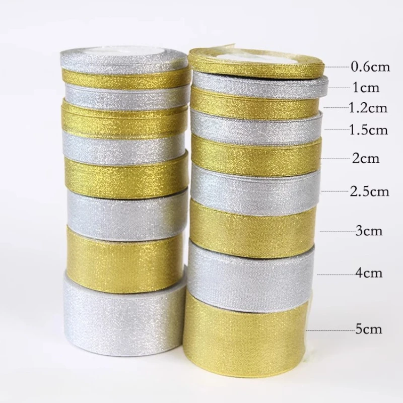 

6mm~50mm Gold Silver Metallic Glitter Ribbons for Apparel DIY Accessories Crafts Sewing Fabric Gift Wrap Holiday Decorations