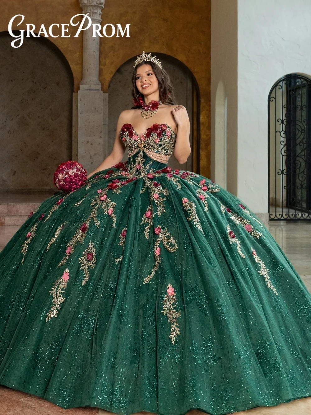 

Vintage Emerald Green Quinceanera Dress With Burgundy Floral Appliques Sweetheart Neckline Tulle Gown For Sweet 16 Celebration