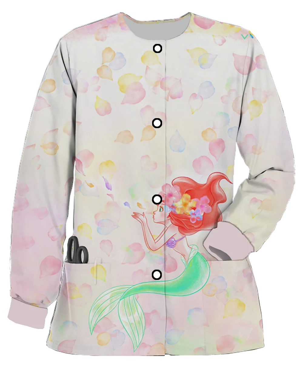 فستان نسائي جديد طويل الأكمام جراحي ديزني ارييل الأميرة حورية البحر طباعة جيب مزدوج سترة فضفاضة طبيب الأسنان ملابس العمل