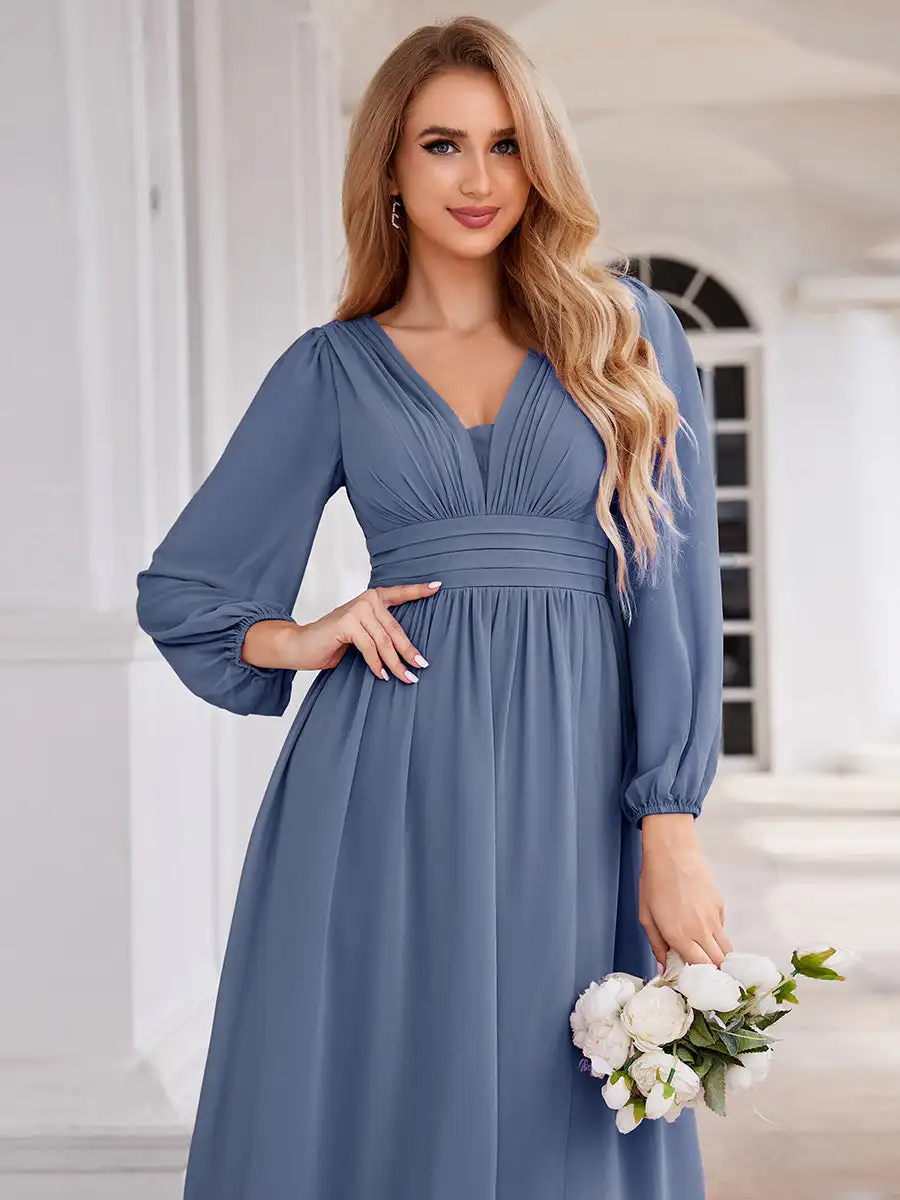 Elegant Evening Dresses V-neck Long Sleeves Hide zipper Floor Length 2025 Ever Pretty of Chiffon Dusty Blue Bridesmaid Dress