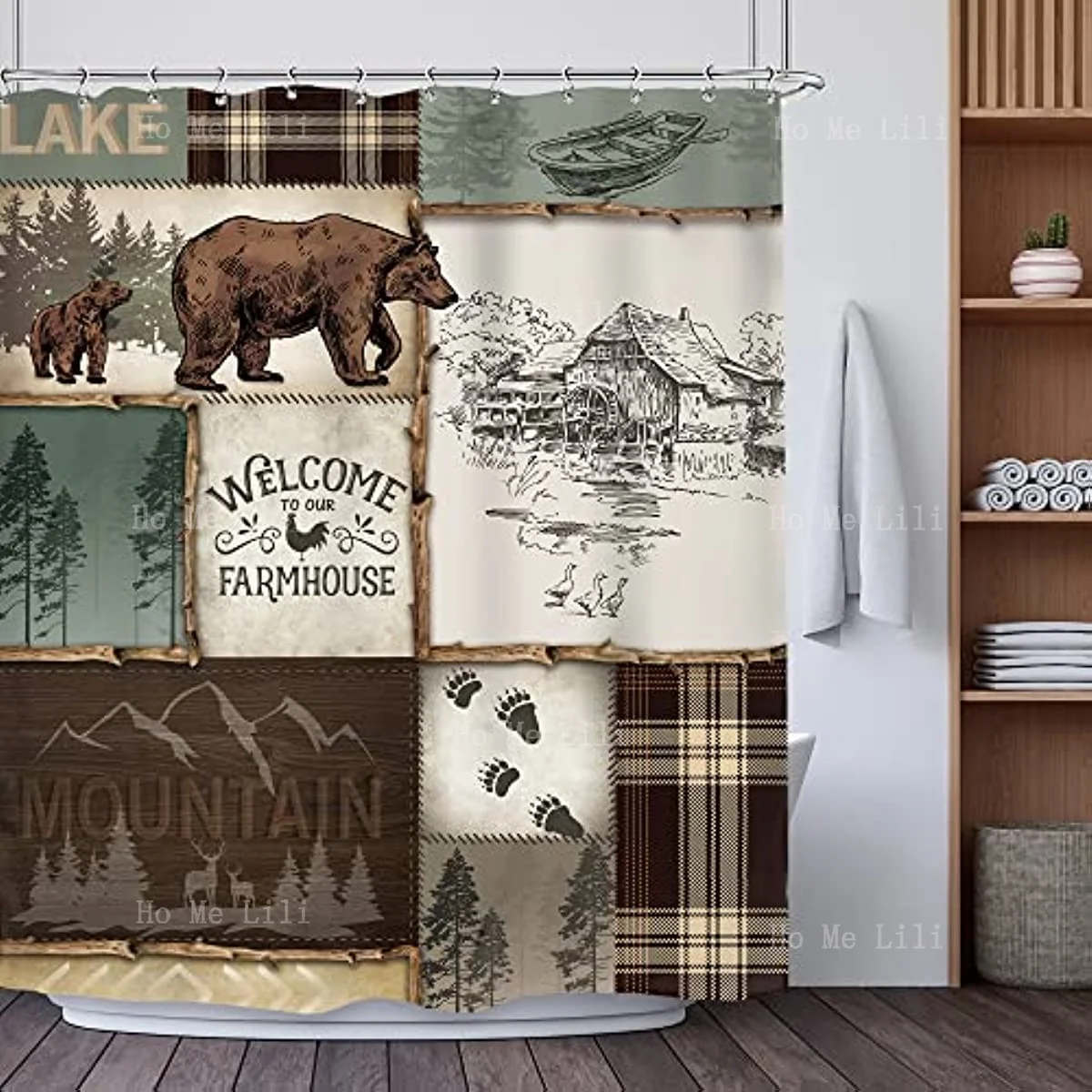 Vintage Cabin Rustic Shower Curtain Used For Bathroom Decoration Cottage Bear Mountain National Hunt Wildlife Art Print