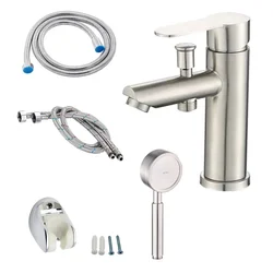 Bathroom Basin Faucet Stainless Steel Single Handle Sink Faucets Cold and Hot Water Mixer Bathtub Tap with Shower Set