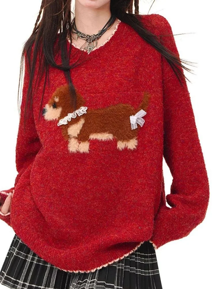 

Милый мультяшный рождественский красный свитер для женщин, милый кавайный вязаный пуловер, топы, свободный ленивый ветер, японский джемпер с круглым вырезом и длинными рукавами, новый