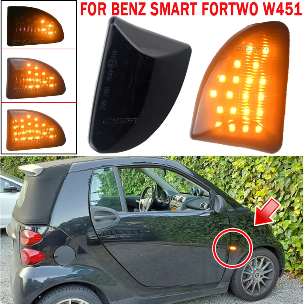 2Pieces Smoked lens Amber LED Dynamic side Marker light turn signal lights for Smart Fortwo 451 MK1 & MKII 2007-2014