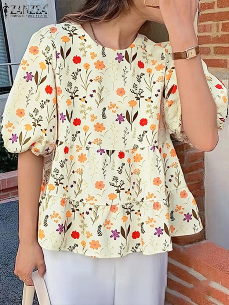

ZANZEA Sweety Woman Floral Print Blouses Fashion Puff Sleeve O-Neck Peplum Tops 2025 Summer Korean Style Elegant Blusas Mujer