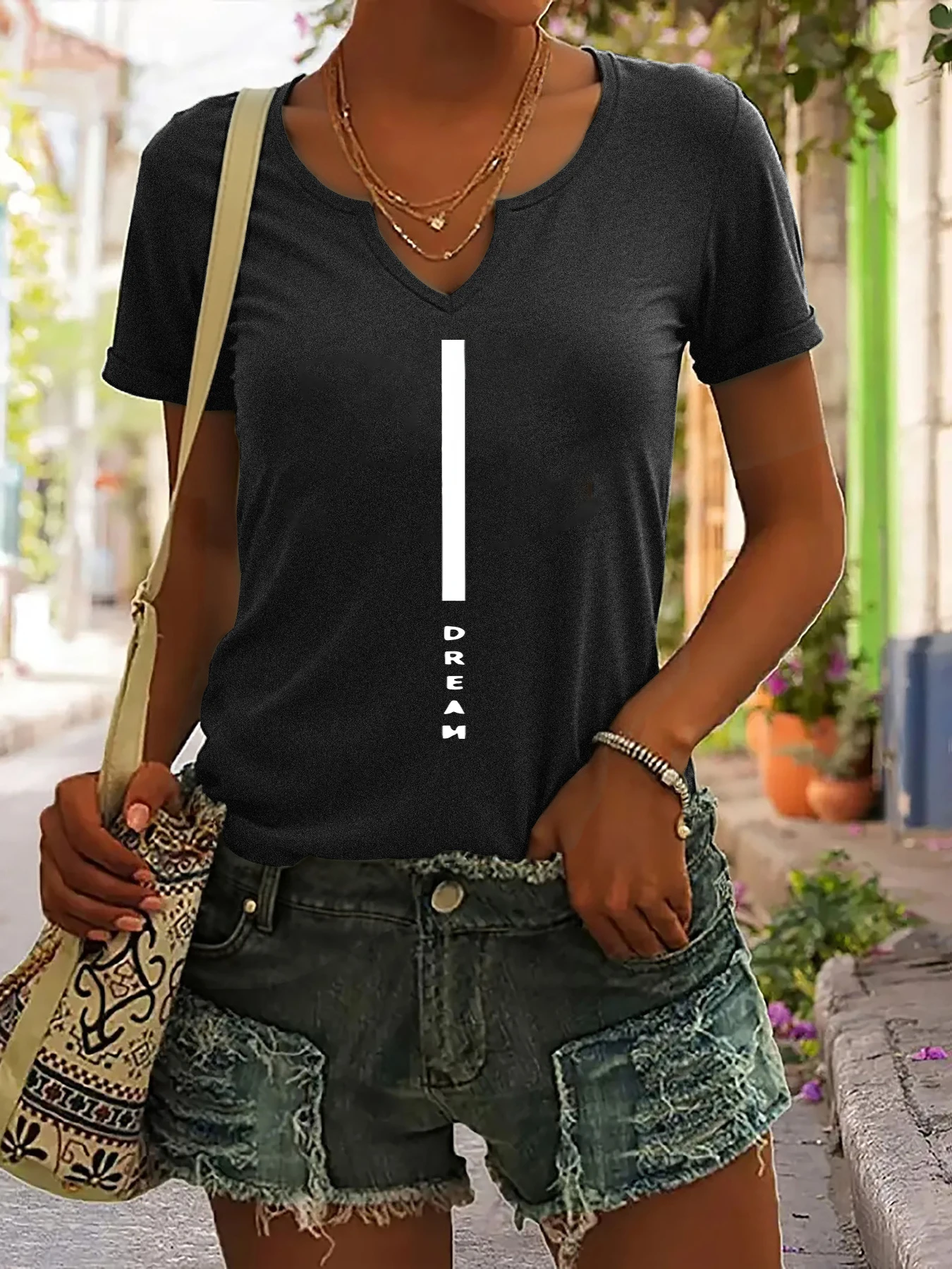 Women's Summer V-Neck Short Sleeve T-Shirt, Minimalist 