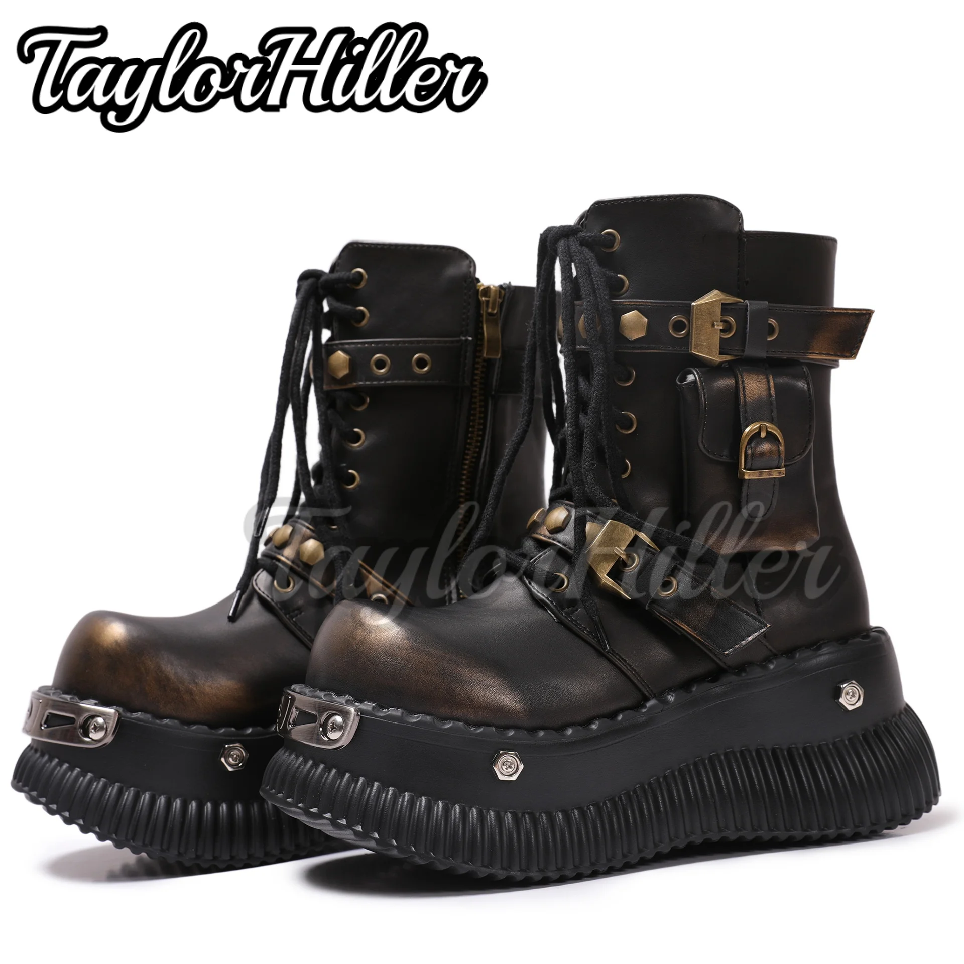 Rock Brown Mixed Color Boots Round Toe Botas Square Heel Belt Rivets Lace Up Shoes Autumn Winter Man Women Zapatos De Mujer 2025 view 6