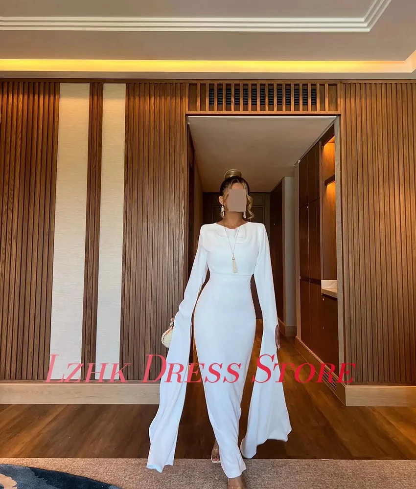 Vestido de noite reto de jérsei clássico personalizado, mangas compridas delicadas, gola redonda, comprimento do tornozelo