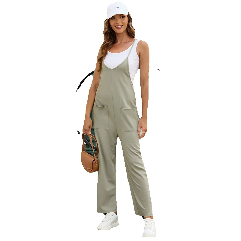 

Black Pocket With Adjustable Face And Straight Leg Jumpsuit, New Loose Suspenders, Pants 6411524