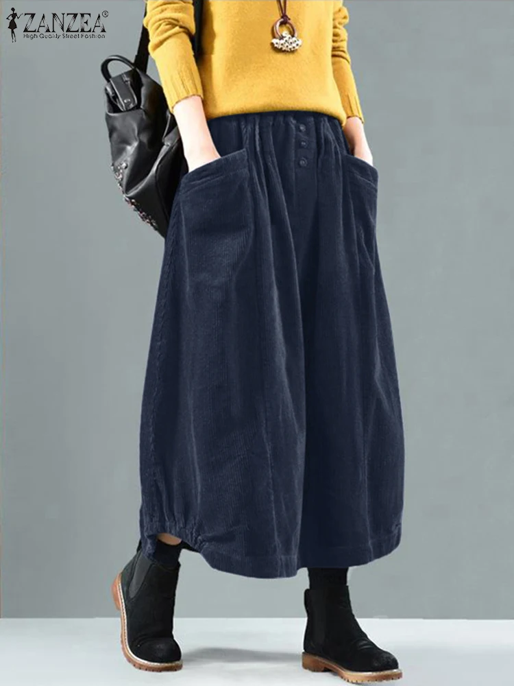 2024 ZANZEA Spring Casual Elastic Waist Skirt Women Vintage Corduroy Skirts Female Solid Loose Faldas Saia Jupe Elegant Vestidos