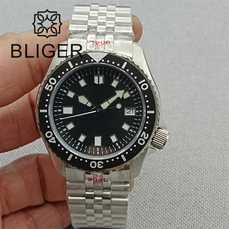 BLIGER 41mm Watch For Men NH35 Automatic Dive Watch Chapter Ring 3.8 Crown Sapphire Glass Black Dial Green Luminous Waterproof