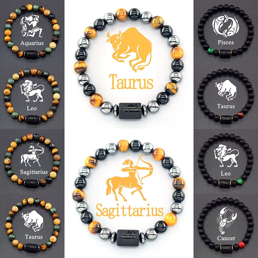12 Zodiac Sign Bracelet Homme Constellation Bangle Natural Yellow Tiger Eye Stone Hematite Cancer Taurus Libra Bracelet Women