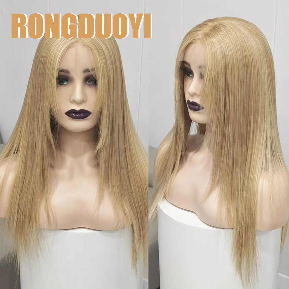 RONGDUOYI Mix Blonde Layered Hair Synthetic Wig Silk Straight Layered Cut Lace Front Wigs for Women Daily Makeup Use Blonde Hair