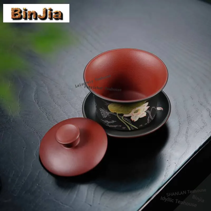 200ml Yixing Purple Clay Gaiwan Famous Mud-painted Lotus Tea Tureen Beauty Tea Infuser Cover Bowl Chinese Handmade Zisha Tea Set