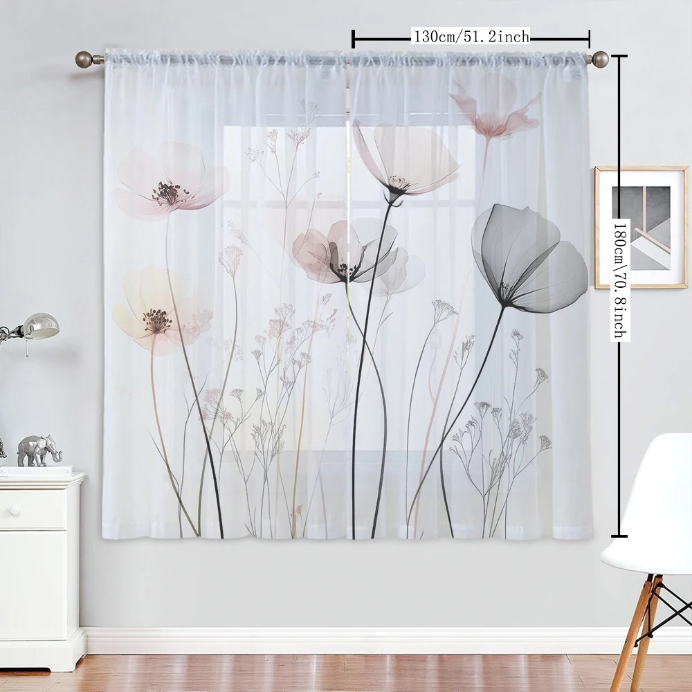 2Pcs Pink Gray Transparent Large Floral Print Home Decoration Window Screens, Suitable For Coffee Shops, Restaurants, Bedrooms