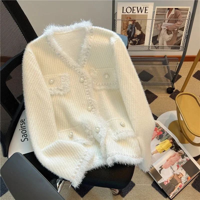 Striped Fuzzy Knit Jacket Women V Neck Fringe Edge Pearl Button Long Sleeve Casual Outerwear